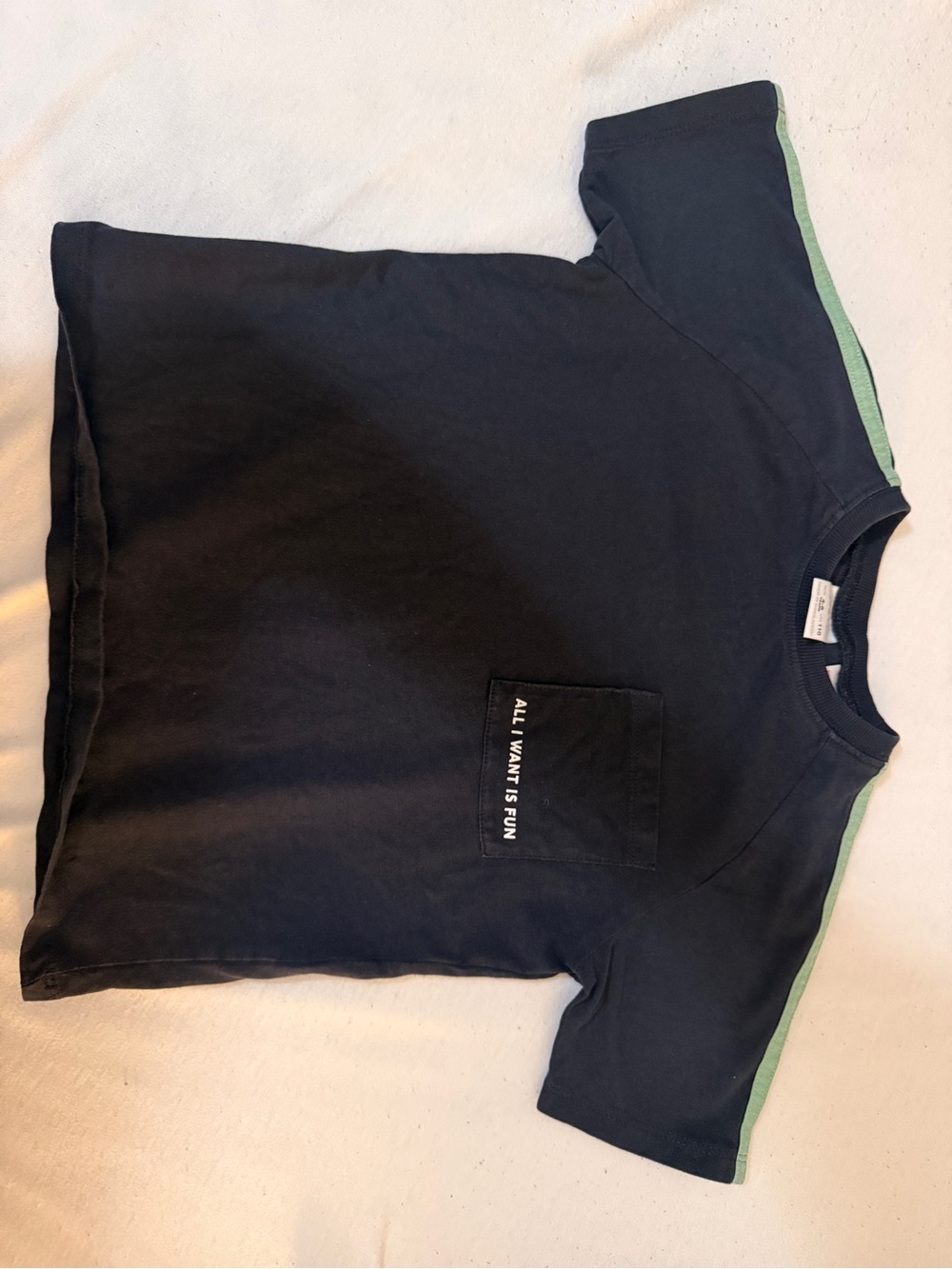 ZARA Kids Navy T-Shirt with Green Trim - All I Want Is Fun Pocket
